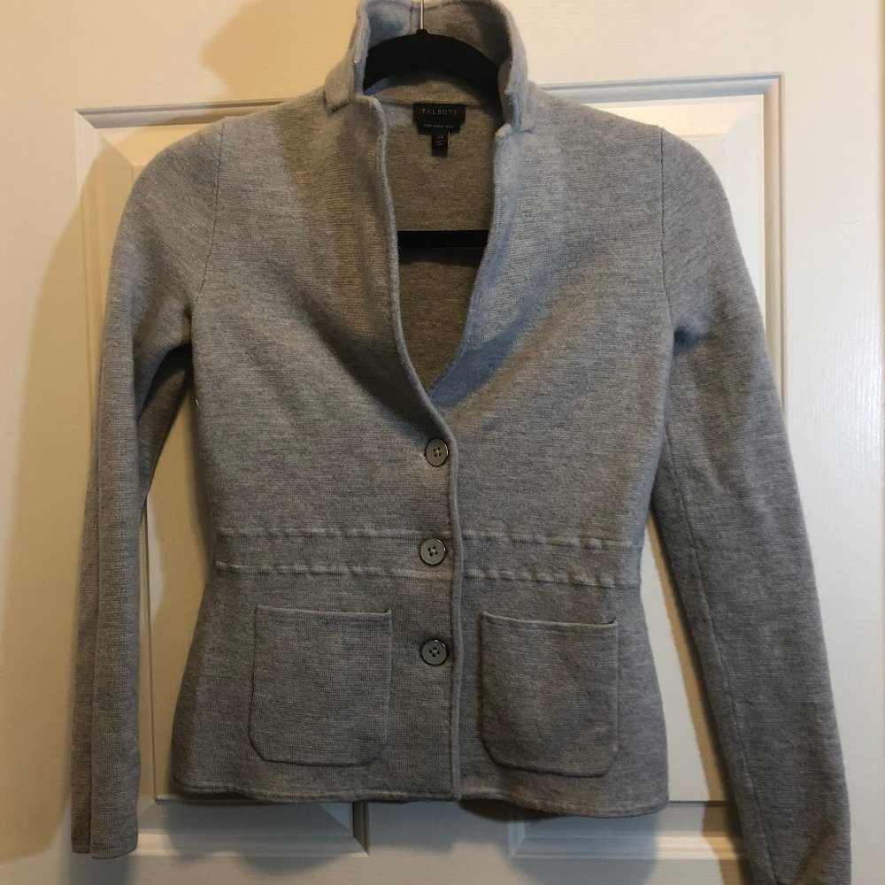 Talbots 100% Merino Wool Gray Sweater Jacket XS